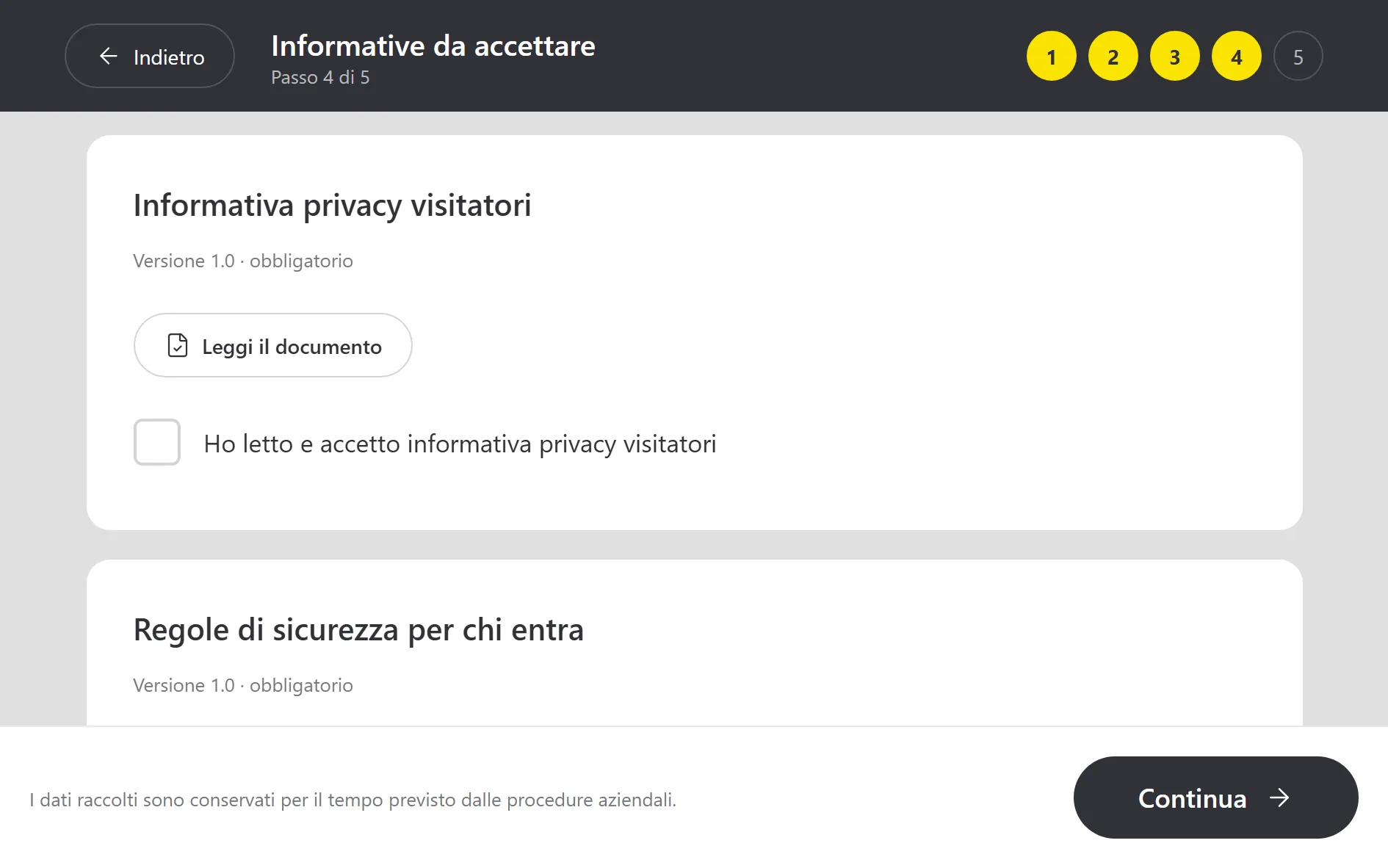 Registrazione al chiosco, passo 4 di 5: le informative da accettare. In alto l’informativa privacy, con «Leggi il documento» e la casella «Ho letto e accetto»; sotto comincia la scheda delle regole di sicurezza.