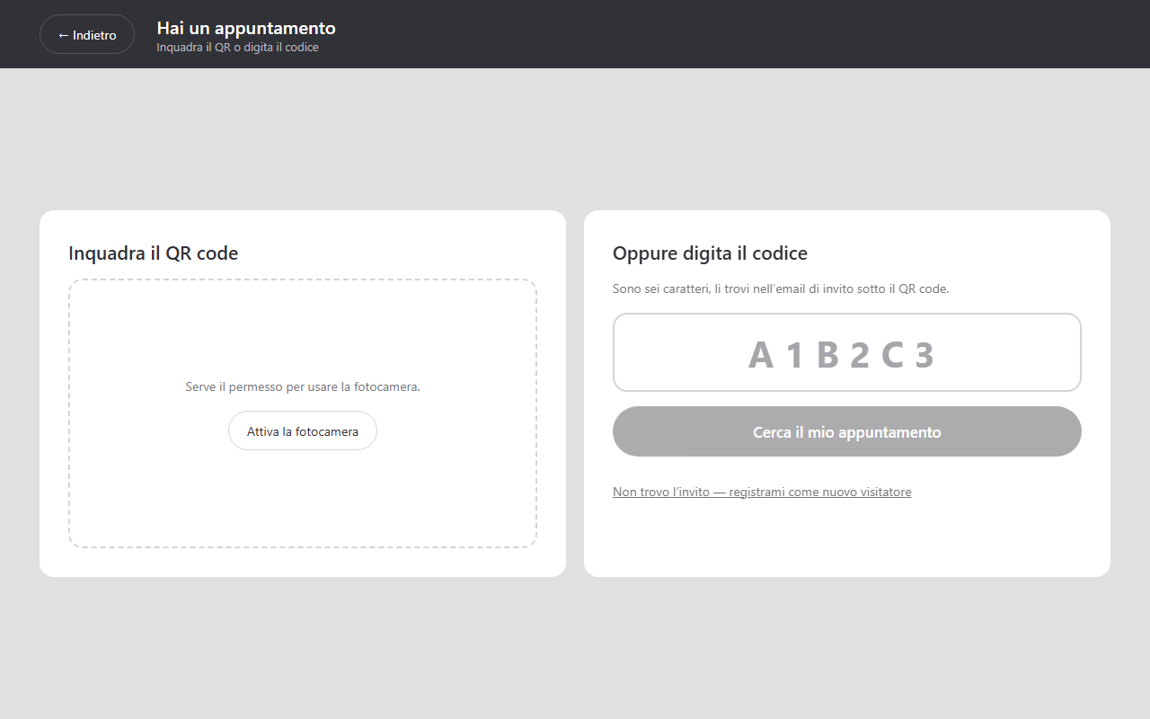 Arrivo con appuntamento: QR o codice