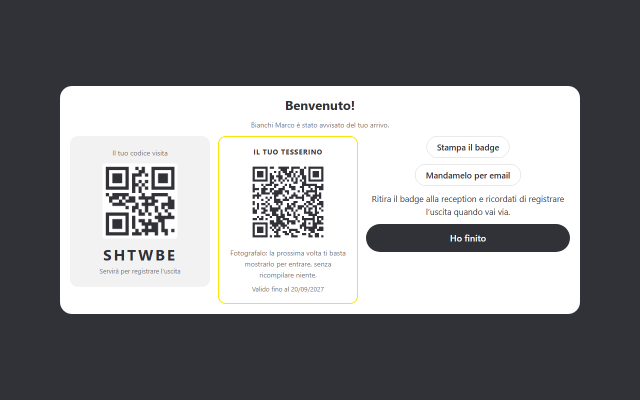 Registrazione completata: codice, tesserino e badge